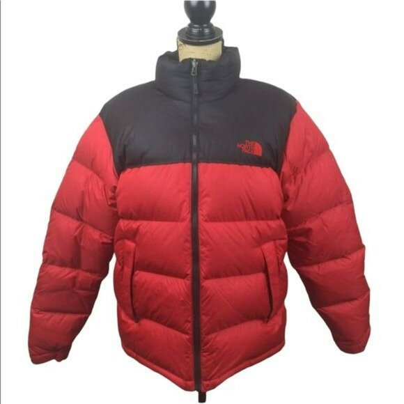 The North Face Mens Nuptse 700 Red Black Puffer Jacket Goose Down Insulated Medi - Picture 1 of 14